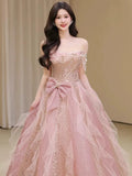 Niulatu A Line Off The Shoulder Tulle Pink Floor Length Evening Dress Prom Dresses SD1639