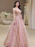 Niulatu A Line Off The Shoulder Tulle Pink Floor Length Evening Dress Prom Dresses SD1639
