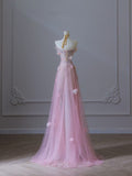 Niulatu A Line Sweetheart Pink Tulle Sequin Flowers Evening Dress Prom Dresses SD1640