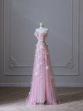 Niulatu A Line Sweetheart Pink Tulle Sequin Flowers Evening Dress Prom Dresses SD1640
