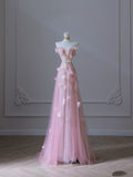 Niulatu A Line Sweetheart Pink Tulle Sequin Flowers Evening Dress Prom Dresses SD1640