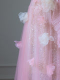 Niulatu A Line Sweetheart Pink Tulle Sequin Flowers Evening Dress Prom Dresses SD1640