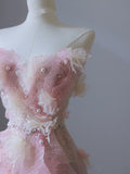 Niulatu A Line Sweetheart Pink Tulle Sequin Flowers Evening Dress Prom Dresses SD1640
