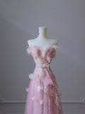 Niulatu A Line Sweetheart Pink Tulle Sequin Flowers Evening Dress Prom Dresses SD1640