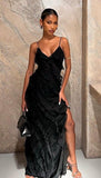 Niulatu Mermaid Spaghetti Straps Floor Length Black Chiffon Evening Dress Prom Dresses SD1640