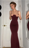 Niulatu Mermaid Spaghetti Straps Burgundy Long Evening Dress Prom Dresses SD1644