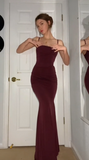 Niulatu Mermaid Spaghetti Straps Burgundy Long Evening Dress Prom Dresses SD1644