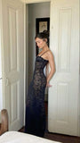 Niulatu Mermaid Spaghetti Straps Black Lace Long Evening Dress Prom Dresses SD1646