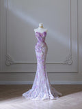 Niulatu Mermaid Sweetheart Lilac Tulle Sequin Flowers Evening Dress Long Prom Dresses SD1646