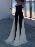 Niulatu A line Spaghetti Straps Black Long Prom Dresses Formal Graduation Party Dress Evening Dress SD1648