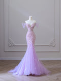 Niulatu Mermaid Off The Shoulder Lilac Tulle Flowers Evening Dress Long Prom Dresses SD1648