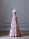 Niulatu A Line Strapless Pink Tulle Flowers Evening Dress Prom Dresses SD1649
