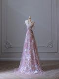 Niulatu A Line Strapless Pink Tulle Flowers Evening Dress Prom Dresses SD1649