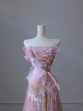 Niulatu A Line Strapless Pink Tulle Flowers Evening Dress Prom Dresses SD1649
