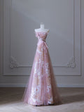 Niulatu A Line Strapless Pink Tulle Flowers Evening Dress Prom Dresses SD1649
