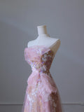 Niulatu A Line Strapless Pink Tulle Flowers Evening Dress Prom Dresses SD1649