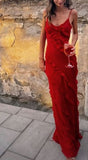 Niulatu Mermaid Spaghetti Straps Floor Length Red Chiffon Evening Dress Prom Dresses SD1649