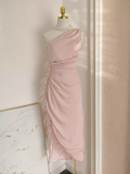 Niulatu Sheath One Shoulder Pink Vacation Dress Satin Women Dresses WIth Feather SD164