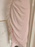 Niulatu Sheath One Shoulder Pink Vacation Dress Satin Women Dresses WIth Feather SD164