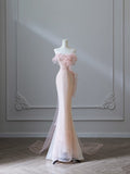 Niulatu Mermaid Strapless Pink Tulle Flowers Evening Dress Long Prom Dresses SD1650