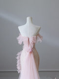 Niulatu Mermaid Strapless Pink Tulle Flowers Evening Dress Long Prom Dresses SD1650