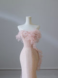 Niulatu Mermaid Strapless Pink Tulle Flowers Evening Dress Long Prom Dresses SD1650