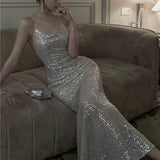 Niulatu Mermaid Spaghetti Straps Sequin Floor Length Evening Dress Prom Dresses SD1650