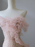 Niulatu Mermaid Strapless Pink Tulle Flowers Evening Dress Long Prom Dresses SD1650