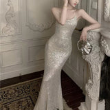 Niulatu Mermaid Spaghetti Straps Sequin Floor Length Evening Dress Prom Dresses SD1650