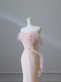 Niulatu Mermaid Strapless Pink Tulle Flowers Evening Dress Long Prom Dresses SD1650