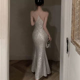 Niulatu Mermaid Spaghetti Straps Sequin Floor Length Evening Dress Prom Dresses SD1650