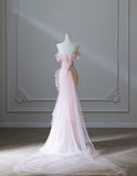 Niulatu Mermaid Strapless Pink Tulle Flowers Evening Dress Long Prom Dresses SD1650