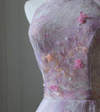 Niulatu A Line High Neckline Lilac Lace Tulle Flowers Evening Dress Prom Dresses SD1651