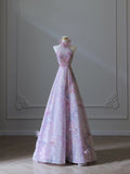 Niulatu A Line High Neckline Lilac Lace Tulle Flowers Evening Dress Prom Dresses SD1651
