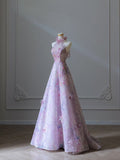 Niulatu A Line High Neckline Lilac Lace Tulle Flowers Evening Dress Prom Dresses SD1651