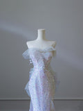 Niulatu Mermaid Strapless Tulle Flowers Evening Dress Long Prom Dresses SD1652