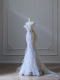 Niulatu Mermaid Strapless Tulle Flowers Evening Dress Long Prom Dresses SD1652