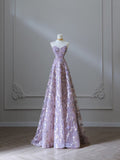 Niulatu A Line Sweetheart Lilac Lace Tulle Flowers Evening Dress Prom Dresses SD1653