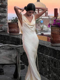 Niulatu Mermaid Jewel Ivory Satin Floor Length Evening Dress Prom Dresses SD1654