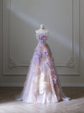 Niulatu A Line Strapless Pink Lace Tulle Flowers Evening Dress Prom Dresses SD1655