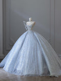 Niulatu Ball Gown Strapless Neckline Sequin Light Sky Blue Long Wedding Dresses Brides Dress SD1656
