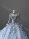 Niulatu Ball Gown Scoop Neckline Long Sleeves Sequin Light Sky Blue Long Wedding Dresses Brides Dress SD1657