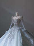 Niulatu Ball Gown Scoop Neckline Long Sleeves Sequin Light Sky Blue Long Wedding Dresses Brides Dress SD1657