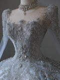 Niulatu Ball Gown Scoop Neckline Long Sleeves Sequin Light Sky Blue Long Wedding Dresses Brides Dress SD1657