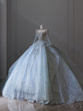 Niulatu Ball Gown Scoop Neckline Long Sleeves Sequin Light Sky Blue Long Wedding Dresses Brides Dress SD1657