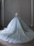 Niulatu Ball Gown Scoop Neckline Long Sleeves Sequin Light Sky Blue Long Wedding Dresses Brides Dress SD1657