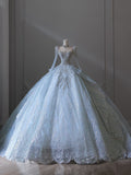 Niulatu Ball Gown Scoop Neckline Long Sleeves Sequin Light Sky Blue Long Wedding Dresses Brides Dress SD1657
