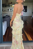 Niulatu Mermaid Spaghetti Straps Floor Length Floral Yellow Chiffon Evening Dress Prom Dresses SD1659