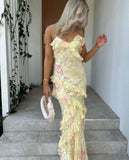 Niulatu Mermaid Spaghetti Straps Floor Length Floral Yellow Chiffon Evening Dress Prom Dresses SD1659