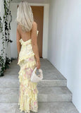 Niulatu Mermaid Spaghetti Straps Floor Length Floral Yellow Chiffon Evening Dress Prom Dresses SD1659